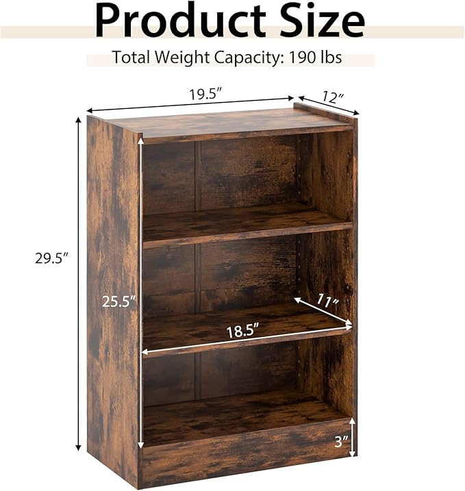 Tangkula 3 Tier Bookcase, Floor Standing Open Bookshelf with 18-Position Adjustable Shelves, Anti-toppling Device, Modern Multipurpose Display Storage Organizer for Living Room Study (1, Brown)