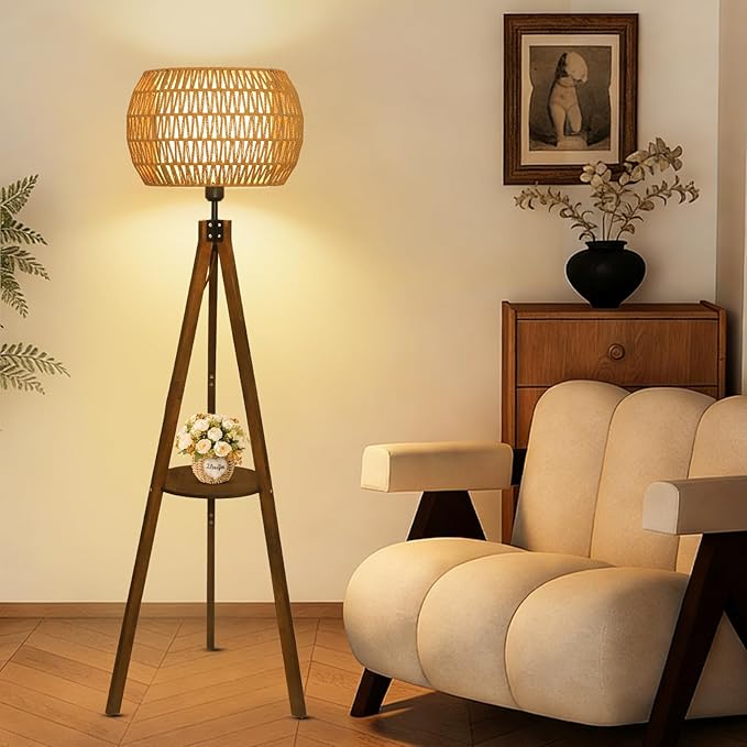 Boho Tripod Floor Lamps for Living Room, Wood Floor Lamp with Shelf, Mid Century Modern Standing Lamp with Rattan Shades, Foot Switch, Rustic Farmhouse Tall Lamps for Bedroom Office, Brown