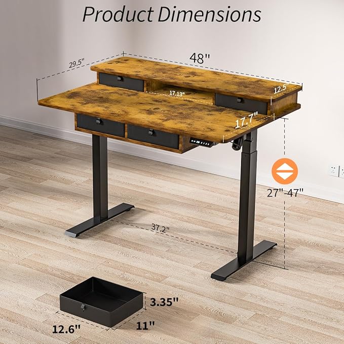 Kingant 48 x 30 Inch Electric Standing Desk with 4 Drawers, Adjustable Height Computer Desk for Home Office, Large Workstation Sit Stand Up Desk with Built-in USB A/C Charging Ports, Rustic Brown