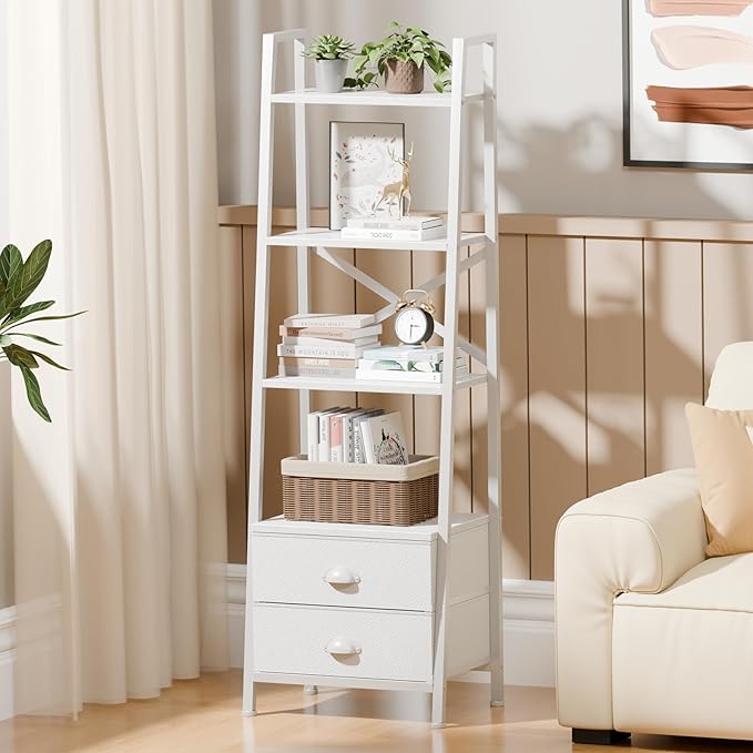 Furologee 4-Tier Ladder Shelf,Small Bookshelf with 2 Drawers,Vertical Bookcase Storage Rack Organizer,Display Bookshelves for Living Room,Bedroom,Bathroom,Home Office,Kitchen,White