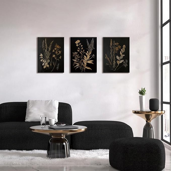 TUEASKY 3 Piece Floral Canvas Wall Art Dark Moody Wall Decor Botanical Pictures Wildflower Paintings 3 pieces Flower Prints for Bedroom Living Room