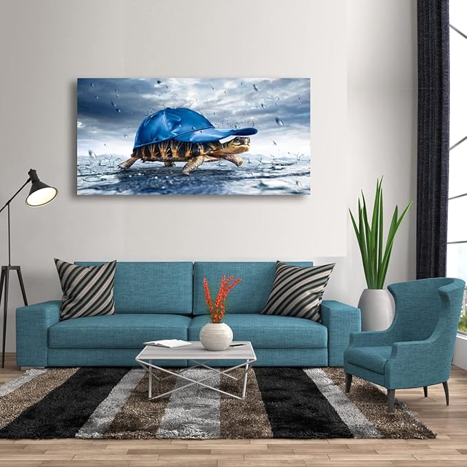 Haichuang Decor Art Funny Turtle Canvas Wall Art 40x20 Inches Framed Turtle with Blue Cap Wall Decor Wood Frame Waterproof HD Giclee Print Ready to Hang Humor Animal Artwork for Living Room Bedroom Bathroom