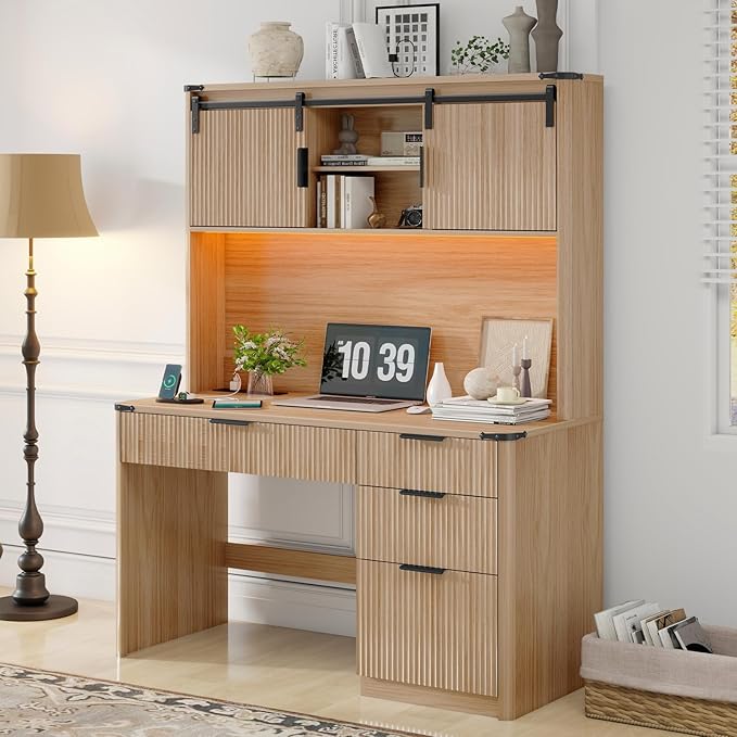 Vabches 67" H Executive Desk with Fluted Drawers,4 Drawers Fluted Computer Desk with LED Light,Charging Hub,Wood Workstation with Hutch and Sliding Barn Doors for Work and Study