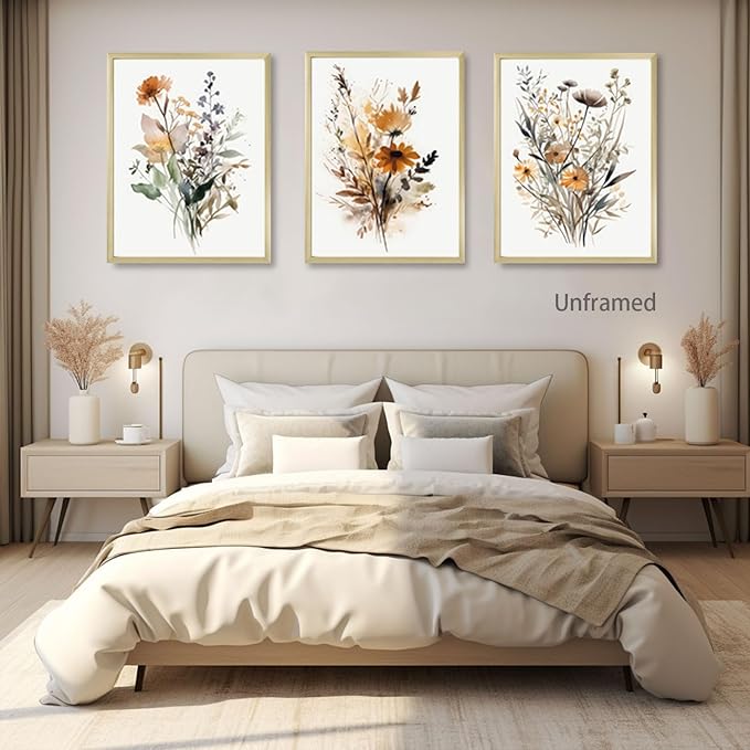 Bwodke Wildflower Poster Watercolor Botanical Floral Wall Art Colorful Canvas Prints Set of 3 Modern Minimalist Pictures Decor Painting Bedroom Bathroom Living Room Unframed 12"x16"