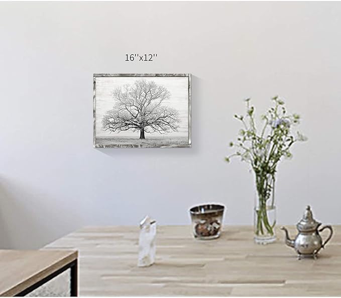 Wooden Winter Tree Wall Art: Farmhouse Foggy Landscape Picture Painting Print on Natural Wood with Handcrafted Rustic Wooden Framed Artwork (16” x 12”)