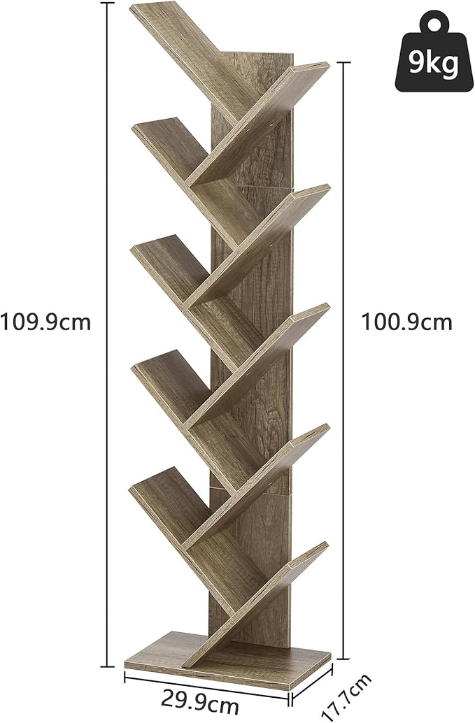 Hoctieon 10 Tier Tree Bookshelf, 10 Shelf Bookcase, Free Standing Tree Bookcase, Display Floor Standing Shelf for Books, Book Organizer Shelves for Home Office, Living Room, Bedroom, Greige