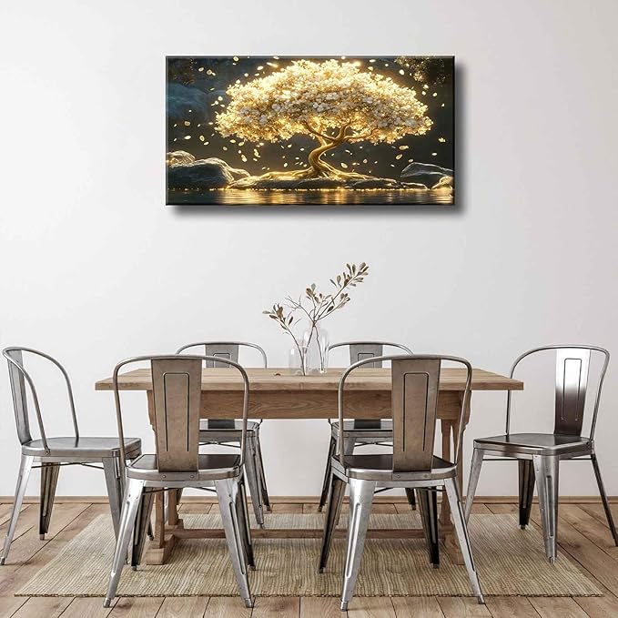 Large Tree of Life Canvas Wall Art Abstract Gold Tree Mountain Lake Decor painting Pictures Nordic Golden White Flowers Posters Prints for living room Bathroom Bedroom Office Hallway Home Decoration