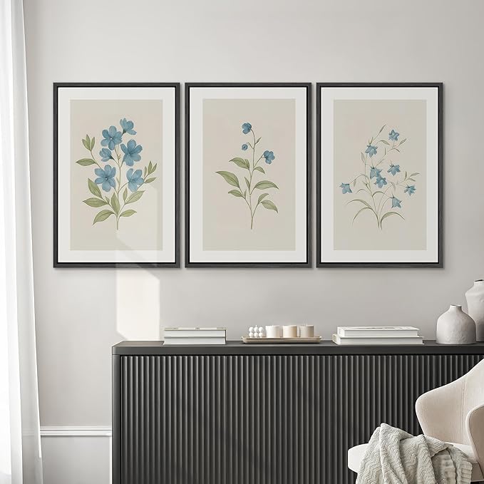SIGNWIN Framed Canvas Print Wall Art Set Blue Floral Botanical Vintage Wildflower Illustrations Modern Art Decorative Nordic Abstract for Living Room, Bedroom, Office - 16"x24"x3 Black