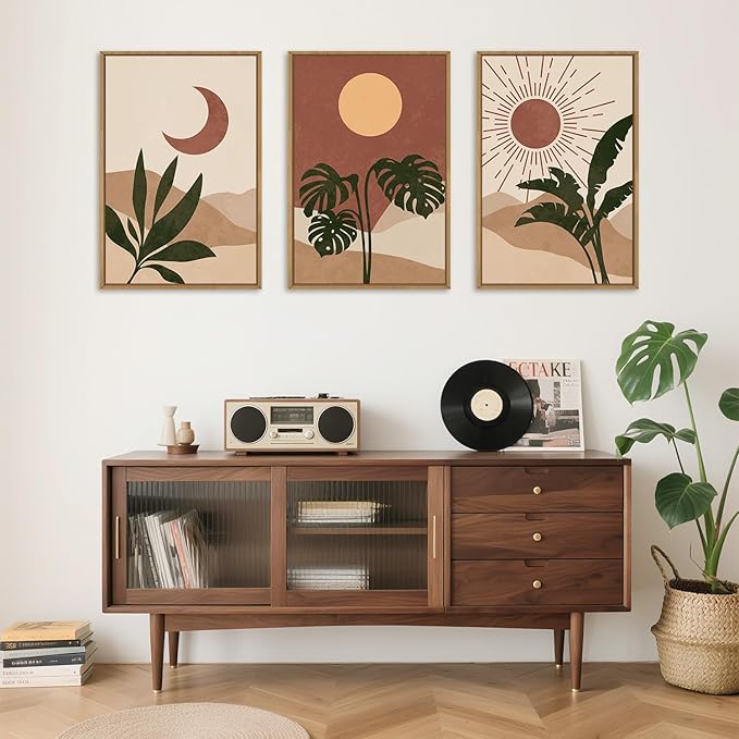 KAIRNE Mid Century Modern Wall Art Set of 3, Boho Sun and Moon Wall Decor, Bohemian Abstract Botanical Wall Painting, Modern Nature Art Prints for Living Room, Bedroom, Office - 16"x24"