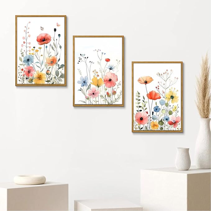 KISSFOX Colorful Wildflower Canvas Wall Art Set Of 3 Flowers Pictures Prints Flowers Printing Floral Watercolors Flower wall Decor Living Room Girls Bedroom Bathroom (White, 12"x16" Natural Framed, Framed)