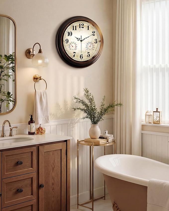 Vintage Wall Clock 16 Inch Quartz Silent Non-Ticking Analog Clock with Thermometer and Hygrometer, Battery Operated Rustic Round Decorative Clock for Living Room Home Office Classroom