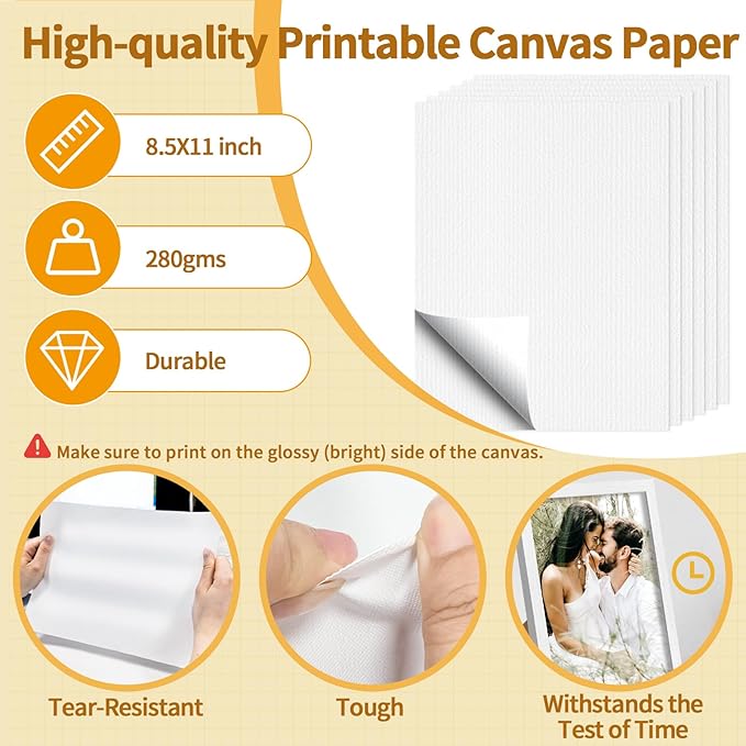 15Pcs Canvas Printer Paper for Inkjet Printers, 8.5x11 Inch Bright White 280gsm Printable Fabric Sheets Tear-Resistant, Print with Glossy Side for Photo Art Sketch Printing