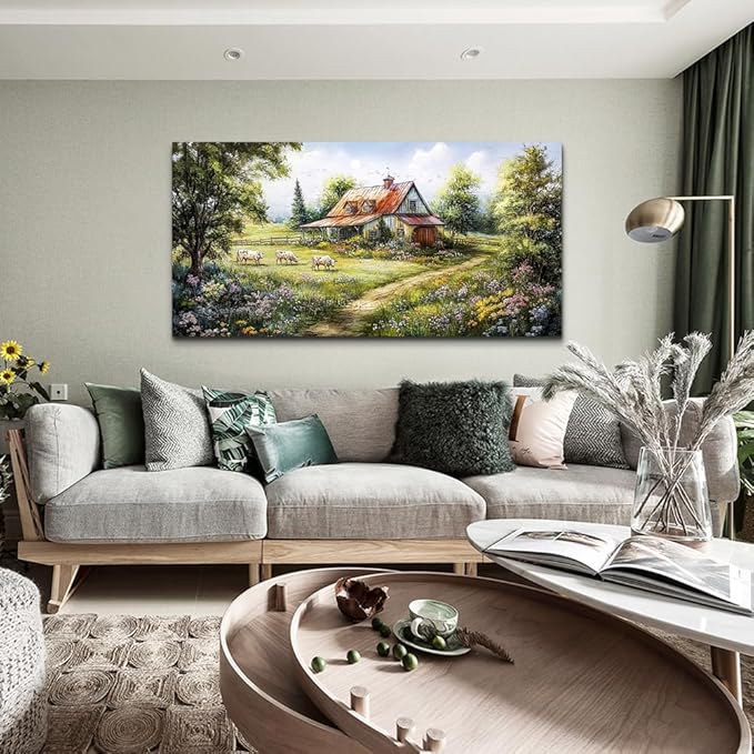 QIYILEXWART Canvas Wall Art For Living Room Large Wall Decor For Office Bedroom Decorations Grassland Pictures The Hut Paintings Modern Inspiration Artwork Room Ready To Hang