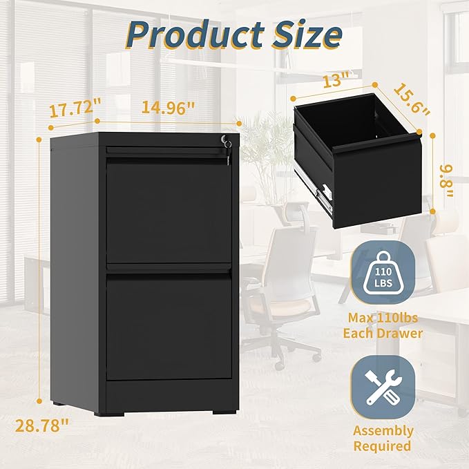 2 Drawer File Cabinet with Lock, Narrow Vertical Filing Cabinets for Home Office, Under Desk Storage Cabinet, Heavy Duty File Cabinet, Amssebly Required, Black