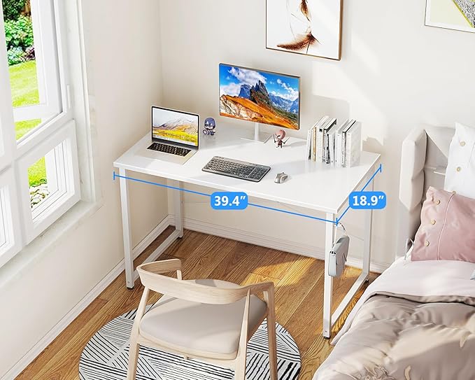 Casaottima 40 Inch Small Computer Desk for Home Office, Study Writing Table for Small Spaces, Simple Modern Desk with Headphone Hooks, White