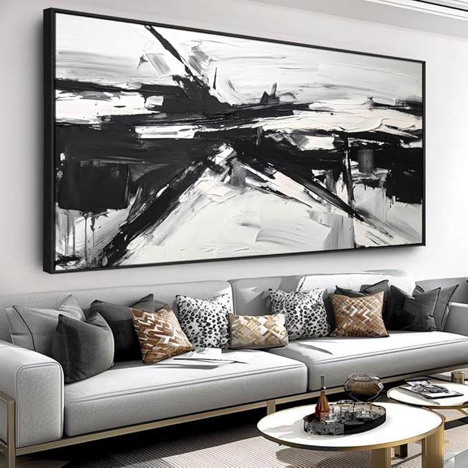 Wall Art Abstract Canvas Painting Black and White Modern Artwork for Living Room Bedroom Dining Room Home Office Decor 24"x48" with Framed