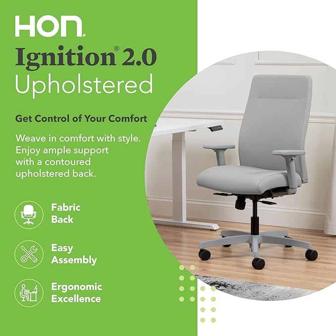 HON Ignition 2.0 Fabric Office Chair, Upholstered, Adjustable Arms, Standard Synchro-Tilt Recline Executive Ergonomic Office Chair, Titanium Frame, Fog