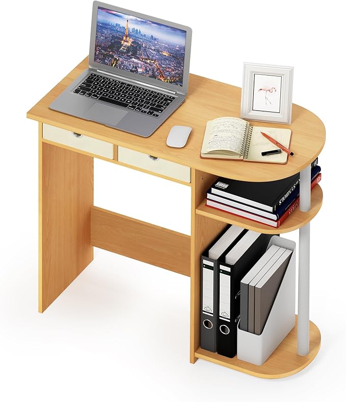 Furinno GO GREEN Desk, 31.5" Wide Gaming Desk with 2 Side Shelves and Storage Bins, Computer Desk, Office Desk for Home Office, Study Room, Dorm, Bedroom, Beech