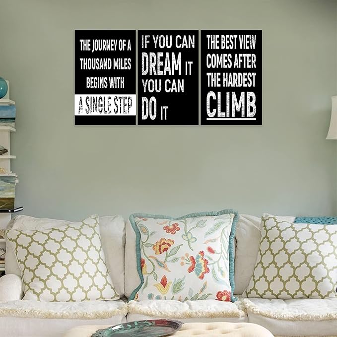 3 Piece Inspirational Wall Art, Black Background Sayings Picture, Quotes Motivational Canvas Prints for Gym Wall Decor, Triptych Entrepreneur Painting Framed Artwork for School Decor (48"Wx24" H)