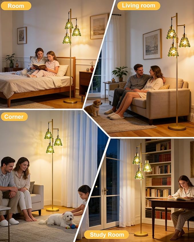 Glass Floor Lamps for Living Room, 67'' 3-Light Dimmable Floor Lamp with Green Glass Shade& E12 Bulbs Included, Mid Century Standing Tall Lamp for Bedroom/Sofa Beside/Corner Decor-Gold