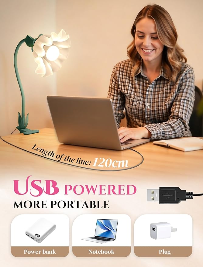 ONXE Clip On Light and Flower Desk Lamp, Flexible Gooseneck Reading Book Light with 3 Color Modes Cute Table Lamp Decor, Clip on Bedside Lamp for Bed Headboard,Table, Nursery,Dorm (Green-02)