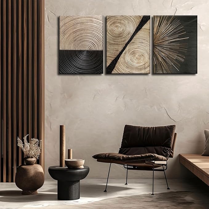 3Pcs Retro Wood grain Abstract Canvas Wall Art Minimalist Black Golden Line Texture Wall Decor Pictures Neutral Geometric Beige Brown Poster Prints for Living Room Bedroom Home Decoration 12x16in