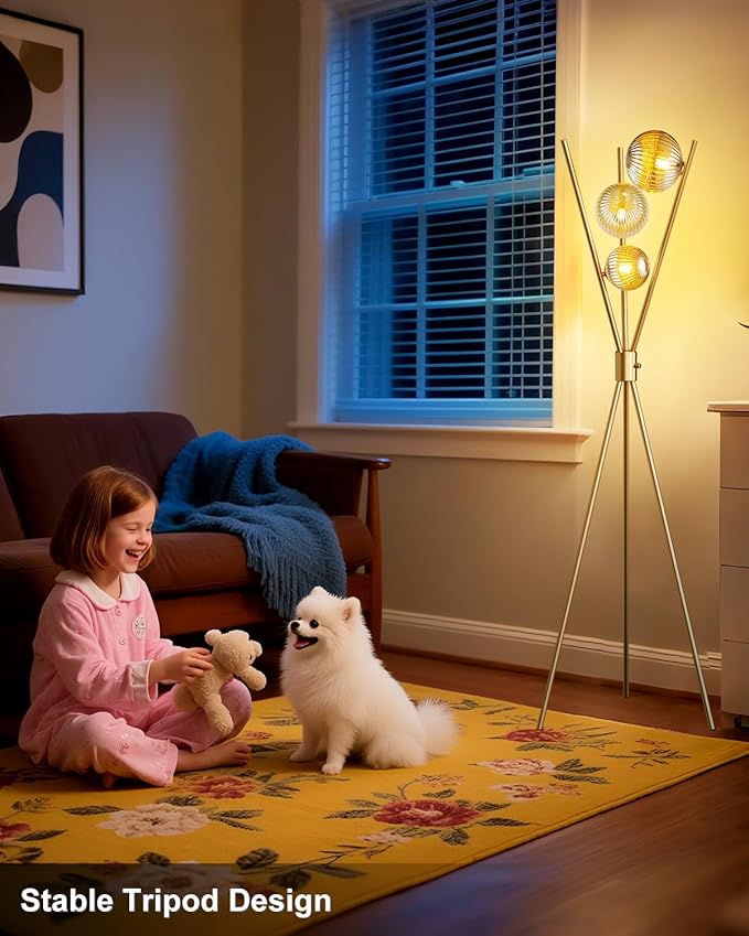 Lightdot Dimmable Tripod Floor Lamp Gold Art Deco Floor Lamp with Brown Globe Glass Lampshade 3Pcs Bulbs Included Tripod Standing Lamp for Living Room/Bedroom/Sofa Beside/Corner Decor