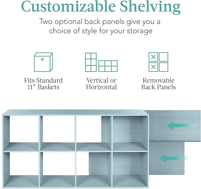 Best Choice Products Kids Bookcase 8-Cube Storage Organizer, 11in Shelf Opening, Bookshelf, Toy Storage, Customizable w/ 3 Removable Back Panels – Light Blue