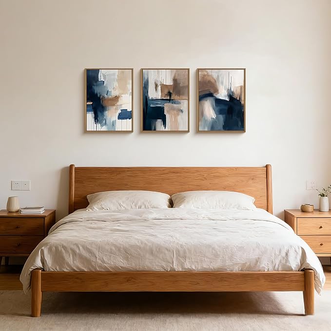 Abstract Brush Stroke Framed Canvas Wall Art,Modern Pastel Wall Decor,Neutral Navy Blue Art Prints, Minimalist Watercolor Brown Artwork for Living Room,Bedroom,Dining Room-12"x16"x3