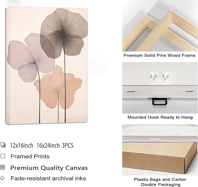 3pcs Neutral Beige Wall Art Abstract Botanical Canvas Prints Modern Simple Flower Paintings Poster Wabi-sabi Geometric Wall Decor Boho Plant Pictures For Bedroom living room Framed