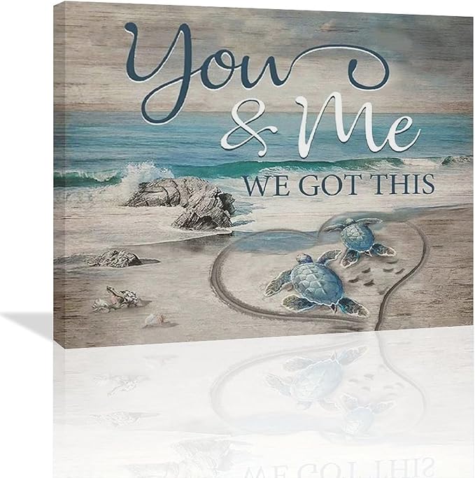 Beach Sea Turtle Bathroom Wall Art Coastal Turtle Love Pictures Wall Decor Ocean Nautical Canvas Seascape Painting Modern Artwork Home Decoration for Living Room Bedroom Office Framed 24"x20"