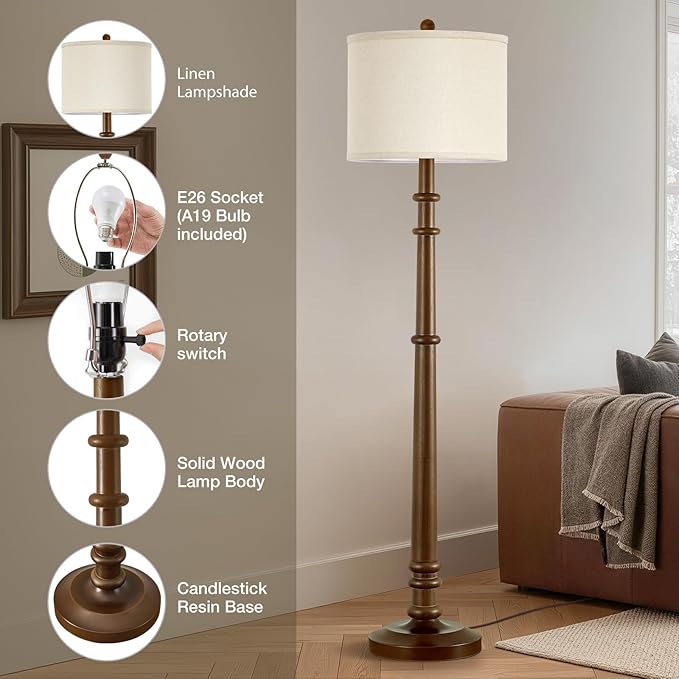 Floor Lamps for Living Room - 60" Wood Farmhouse Floor Lamp with Adjustable Color Temperatures - Vintage Standing Lamp Reading Light with Linen Shade Rustic Tall Lamp for Bedroom Office, Walnut