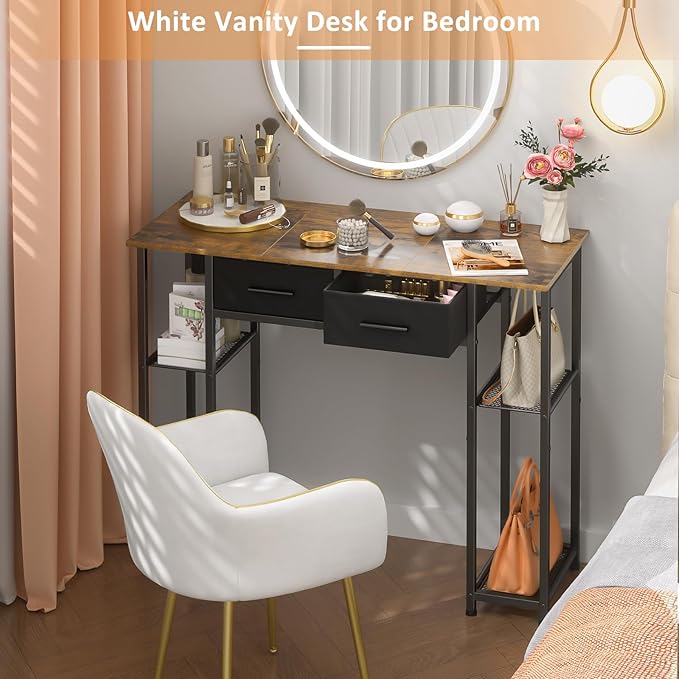 Computer Desk with Drawers, 37.3 Inch Home Office Work Desk with Storage Shelf, Kids Teens Study Table for Small Space, Small Writing PC Table for Bedroom Makeup Vanity Desk, Brown
