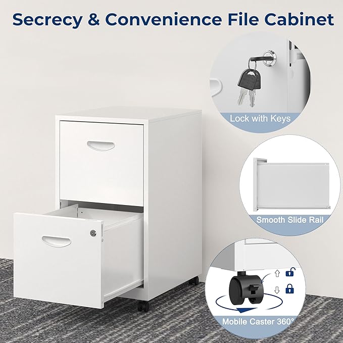 2 Drawer File Cabinet with Lock, Filing Cabinets with Wheels, Rolling File Cabinets for Home Office, Metal Office File Cabinet, for Holding Letters and File Boxes, Assembly Required, White