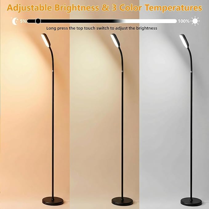 Cordless Portable Floor Lamp, Adjustable Gooseneck with Touch Switch, 3 Color Modes, Lightweight & Rechargeable for Living Room, Bedroom, Office, Reading, Camping, RV, Piano, Indoor Outdoor- Black