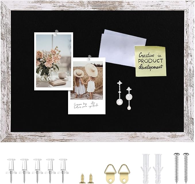 Black Felt Bulletin Board, Bulletin Boards for Walls with Wood Frame, Pin Board Vision Board for Office Home Kitchen and School with Pins, Screws, Anchors, 14.2x10.2 inches,1pc