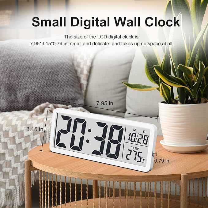 JoFomp LCD Digital Wall Clocks Battery Operated, 8.5" Modern Wall Clocks for Living Room Decor, Simple Digital Wall Clock with Temperature/Date/Time - 12/24H, Small Desk Clock for Bedroom Office