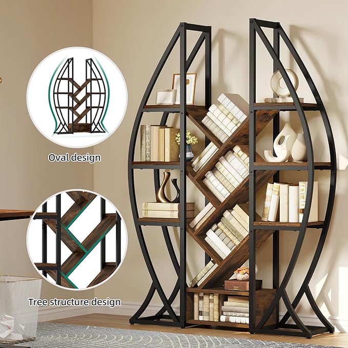 DWVO Oval Bookshelf, Triple Wide 5 Tier Etagere Bookcase, Industrial Display Shelves for Living Room, Bedroom, Home Office, Rustic Brown