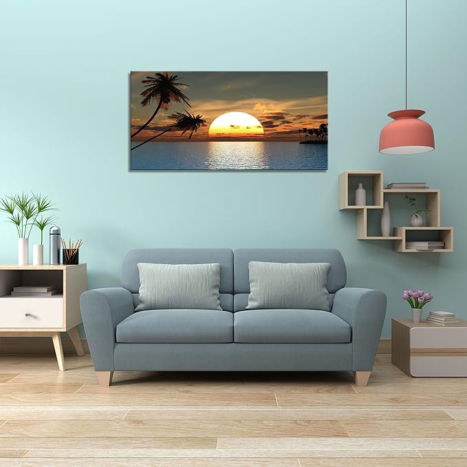 DZL Art S75662 Sunset Coconut Palm Trees Canvas Wall Art Palm Trees on the small island Tropical Scenery Nature Canvas prints Pictures for Living Room Home Office Wall Decor Artwork