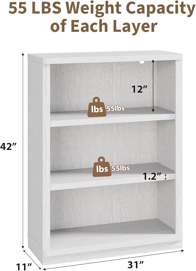 Rresyet 3 -Tier Bookcase, 42" Tall Book Shelf, 31” Wide Bookshelves, Wooden Bookcase Display Storage for Home Office, Living Room and Study Room (White)