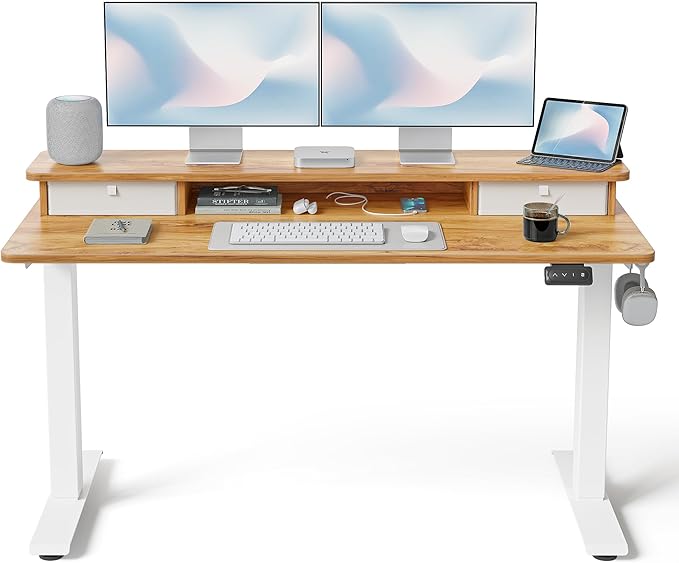 FEZIBO 55 x 24 Inch Height Adjustable Electric Standing Desk with Double Drawer, Stand up Desk, Home Office Computer Workstation with 4 Height-Adjustable Feets & 2 Hooks, Light Rustic