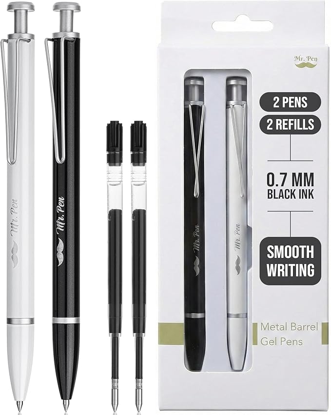 Mr. Pen- Metal Retractable Gel Pens, 2 Pack, Black Ink, 2 Refills, Fine Point 0.7 mm, Fast Dry, Smooth Writing, Cute Pens for Drawing, Writing Planner and School Supplies