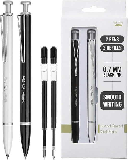 Mr. Pen- Metal Retractable Gel Pens, 2 Pack, Black Ink, 2 Refills, Fine Point 0.7 mm, Fast Dry, Smooth Writing, Cute Pens for Drawing, Writing Planner and School Supplies