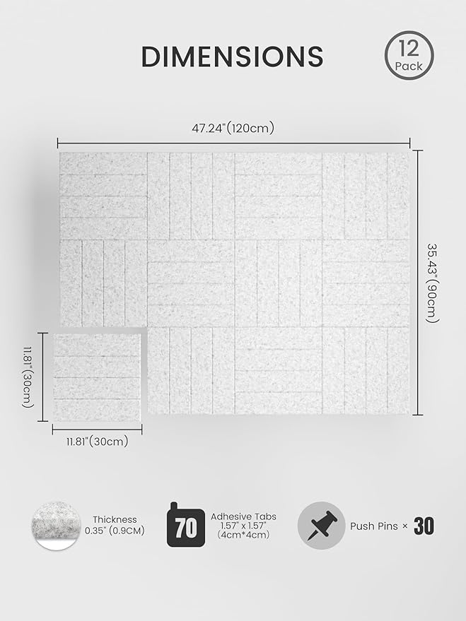 Bumusty Large Cork Board Alternative-48 x 36" Felt Bulletin Board Tiles, with 30 Pushpins, 70 Adhesive Tabs, 12-Pack Slat Wall Paneling, Cork Boards for Office Push Pin Board Felt Board-Light Gray