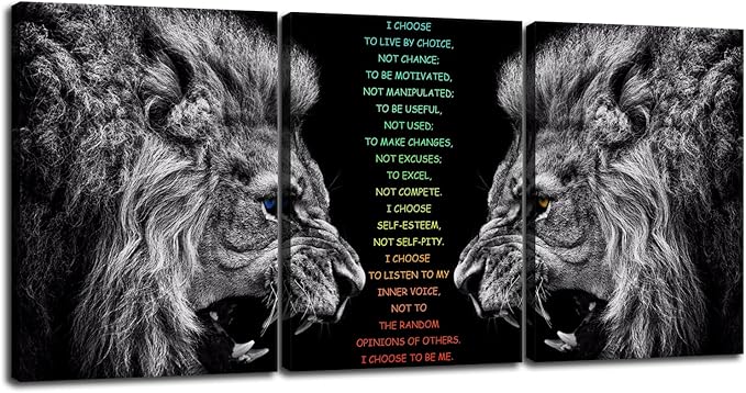 Inspirational I Choose Poster Motivational 3 Pieces Lion Wall Art for Office Inspirational Canvas Painting Prints Wall Pictures for Living Room Home Decor Framed Artwork [60''Wx 28''H]