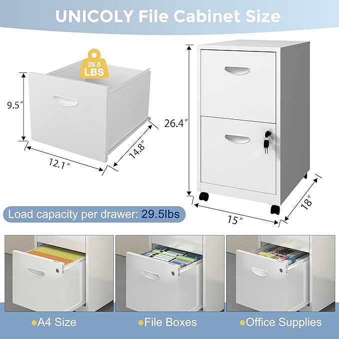 2 Drawer File Cabinet with Lock, Filing Cabinets with Wheels, Rolling File Cabinets for Home Office, Metal Office File Cabinet, for Holding Letters and File Boxes, Assembly Required, White