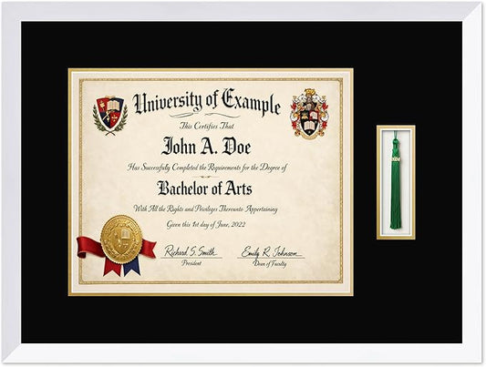 CountryArtHouse Diploma and Tassel Frame Fits 15 x 12 Military/Government with Tassel Hook Bright White Genuine Hardwood Shadowbox with Black Over Metallic Gold Double mat