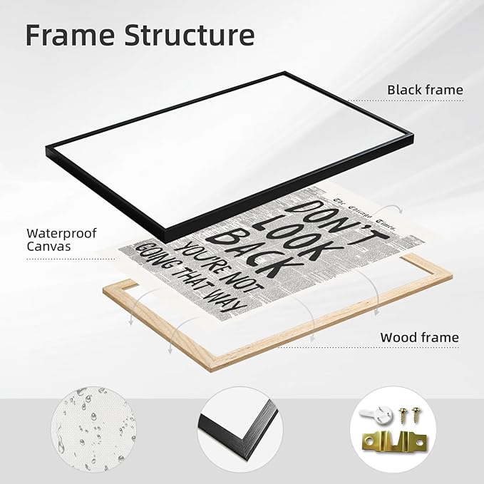 Framed Retro Newspaper Wall Art Trendy Black and White Poster Dont Look Back Inspirational Quote Posters Positive Motivational Affirmation Canvas Print Preppy Aesthetic Office Bedroom Decor 16x24inch