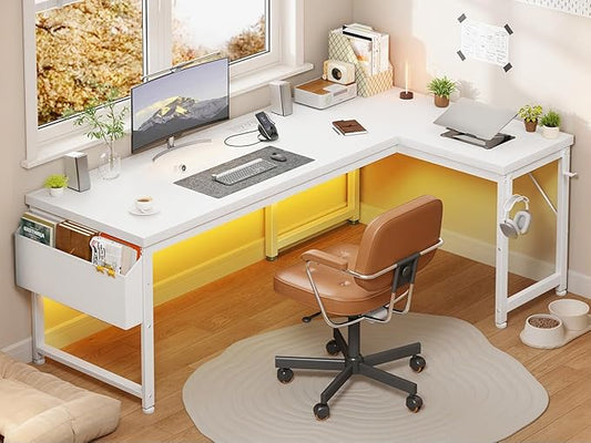 63 Inch L Shaped Desk with 0.95 Inch Thicker Desktop & Storage Bag, Computer Desk with Power Outlets & Lights, Reversible Desk for Home Office, Corner Desk, Study Room, Bedroom, White