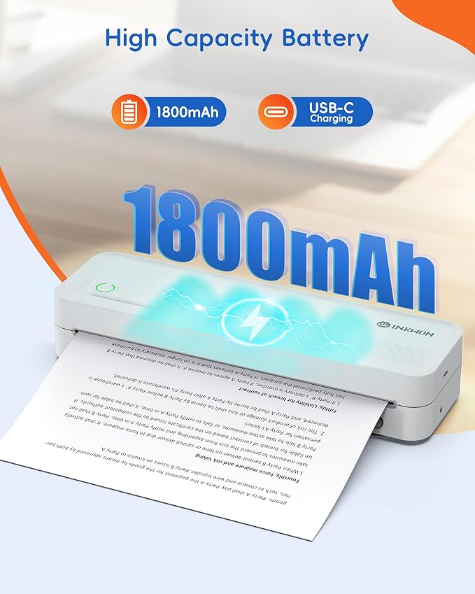 A41 Bluetooth Thermal Printer, Portable Inkless Printer for Travel Supports 8.5 x 11 Inch Paper, Small Mobile Printing Device Ideal for Office, School, Home